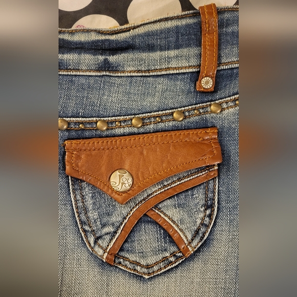 Jou Jou Denim Mini Skirt Leather on Pockets - Picture 3 of 6